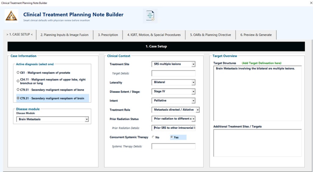 Clinical Treatment Planning Note Builder interface with case setup, clinical context, and target overview fields